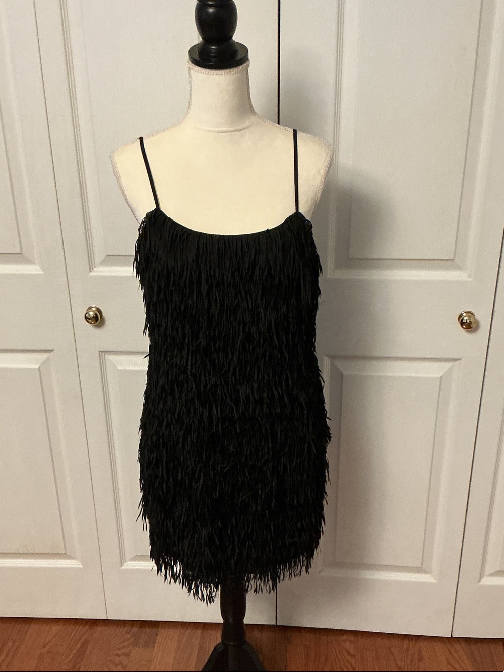Black Fringe Camisole Dress with Spaghetti Straps